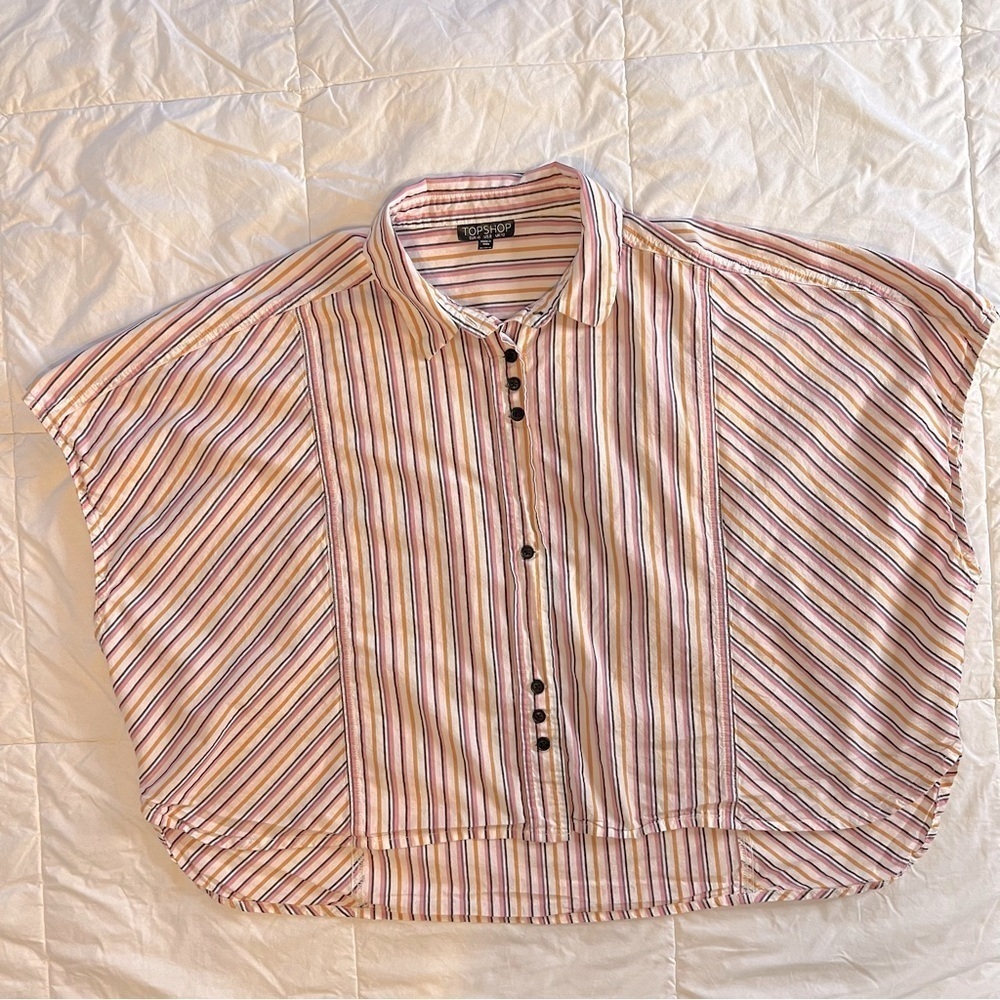 Topshop | Short Sleeved Box-Cut Striped Button-Down Shirt Size 8